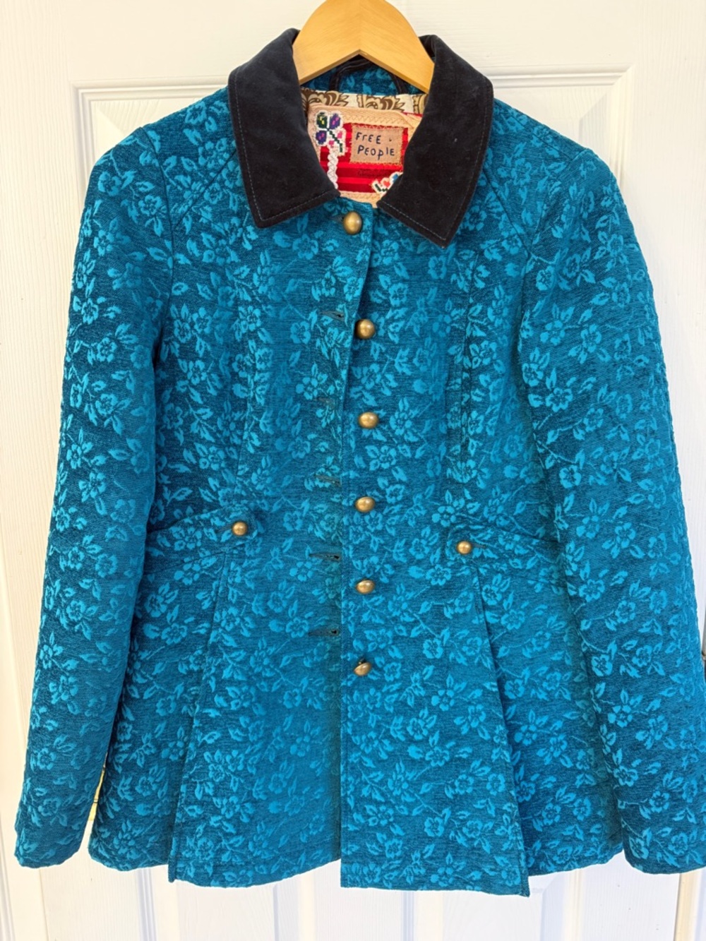 Free People Teal Floral Jacquard Blazer with Contrast Collar